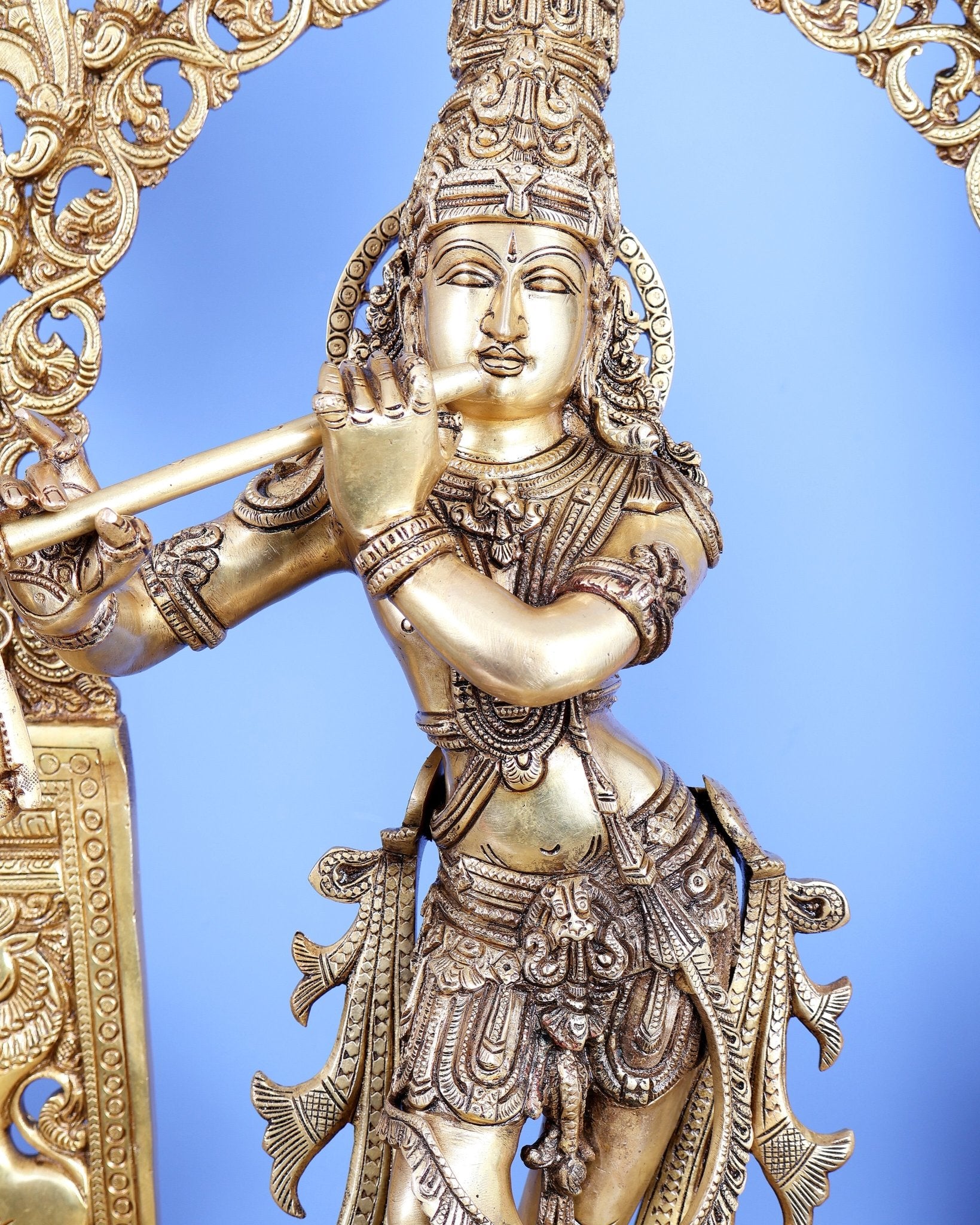 Premium Brass Lord Krishna with Cow, Calf, Sheshanaag, Sudama & Kirtimukha Prabhavali – Grand Venugopala Sculpture (36.5 Inches) - Budhshiv.com
