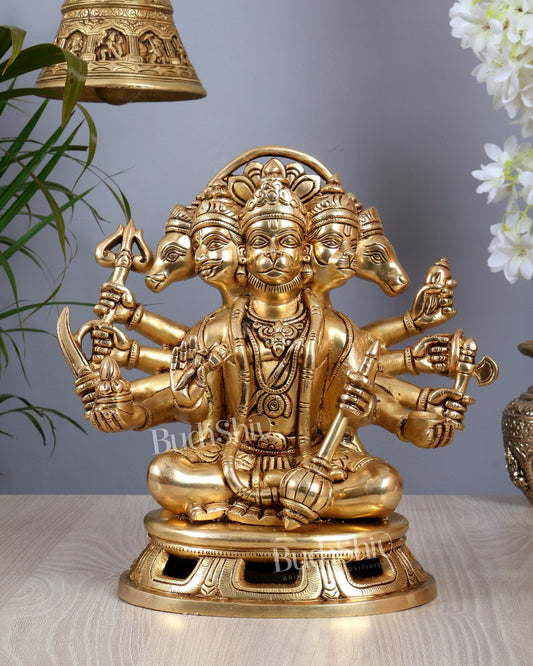 Premium Brass Panchmukhi Hanuman Cross - Legged Statue 10.5" - Budhshiv.com