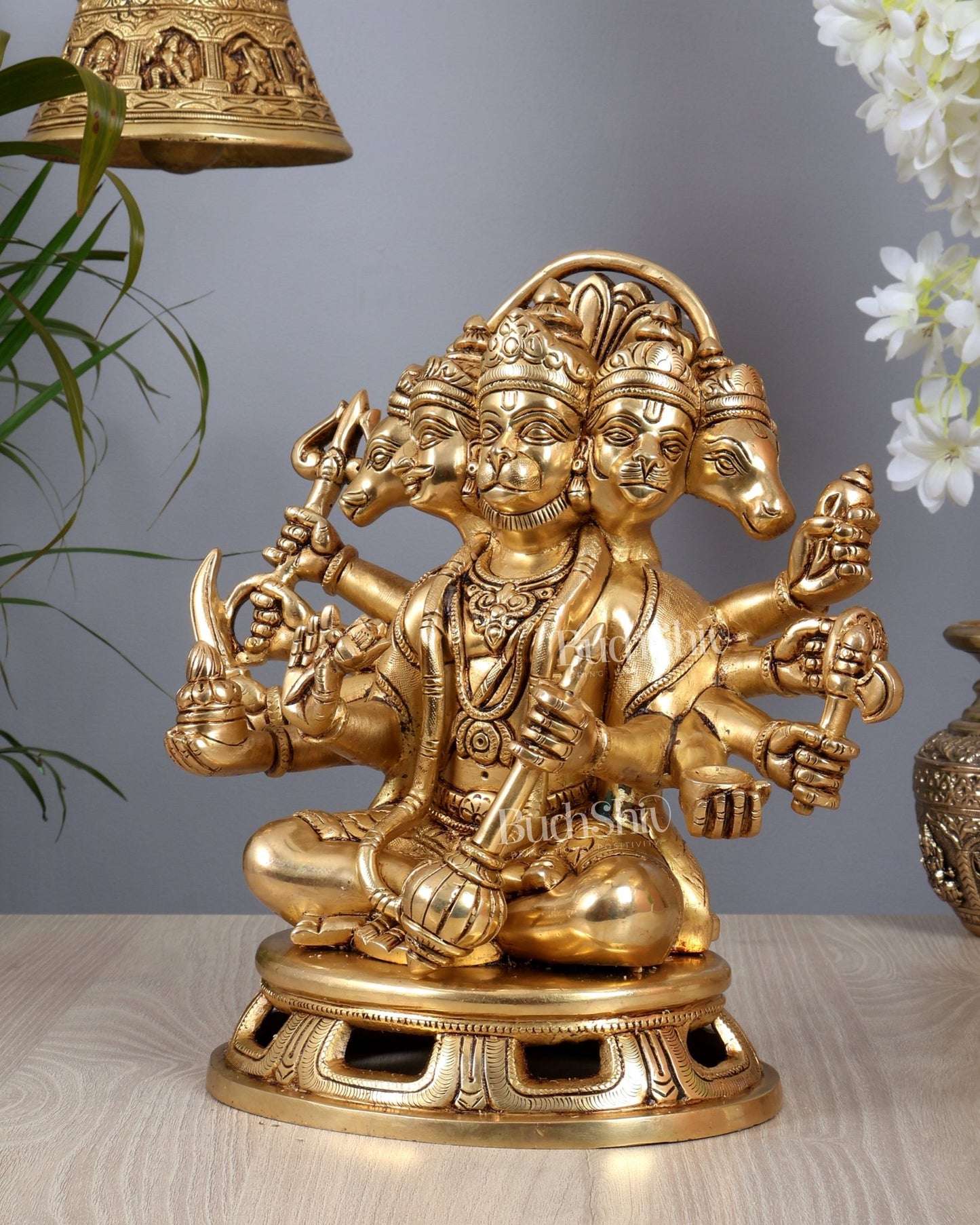 Premium Brass Panchmukhi Hanuman Cross - Legged Statue 10.5" - Budhshiv.com
