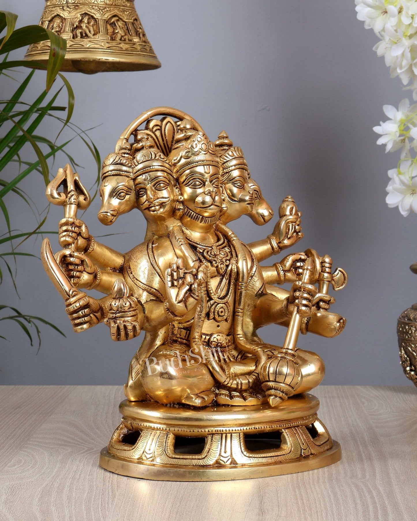 Premium Brass Panchmukhi Hanuman Cross - Legged Statue 10.5" - Budhshiv.com