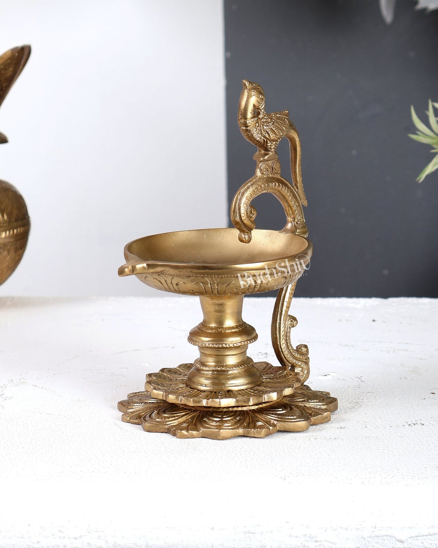 Premium Brass Parrot Design Diya with Handle – Traditional Handcrafted Oil Lamp 6.5 inch - Budhshiv.com