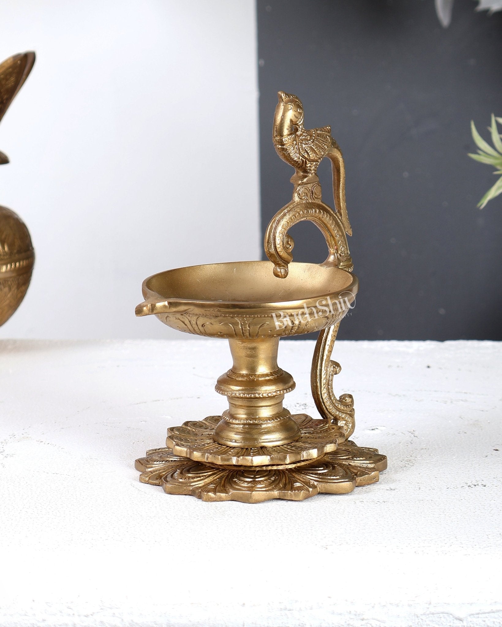 Premium Brass Parrot Design Diya with Handle – Traditional Handcrafted Oil Lamp 6.5 inch - Budhshiv.com