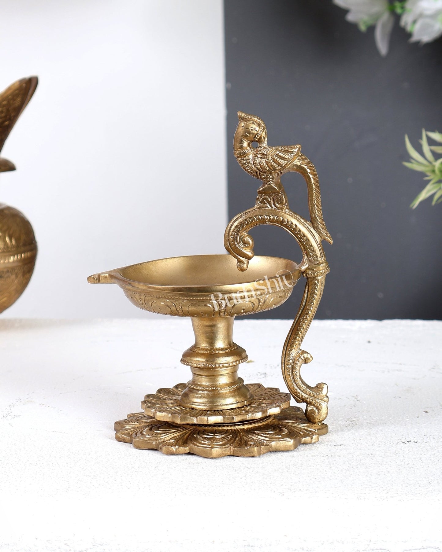 Premium Brass Parrot Design Diya with Handle – Traditional Handcrafted Oil Lamp 6.5 inch - Budhshiv.com