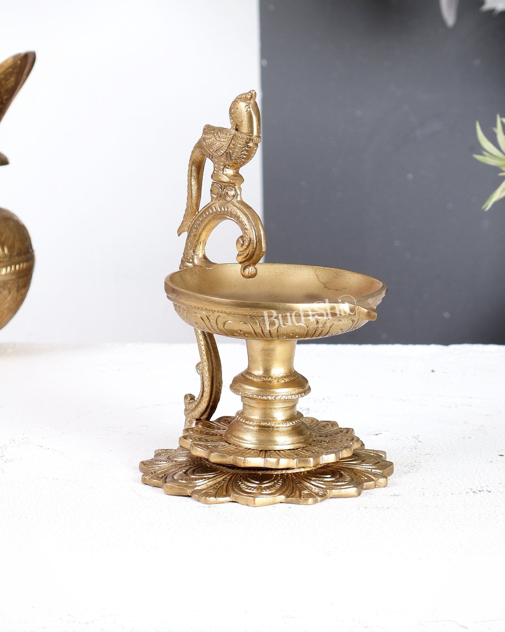 Premium Brass Parrot Design Diya with Handle – Traditional Handcrafted Oil Lamp 6.5 inch - Budhshiv.com