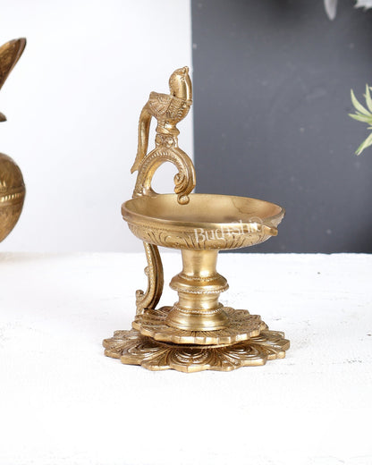 Premium Brass Parrot Design Diya with Handle – Traditional Handcrafted Oil Lamp 6.5 inch - Budhshiv.com