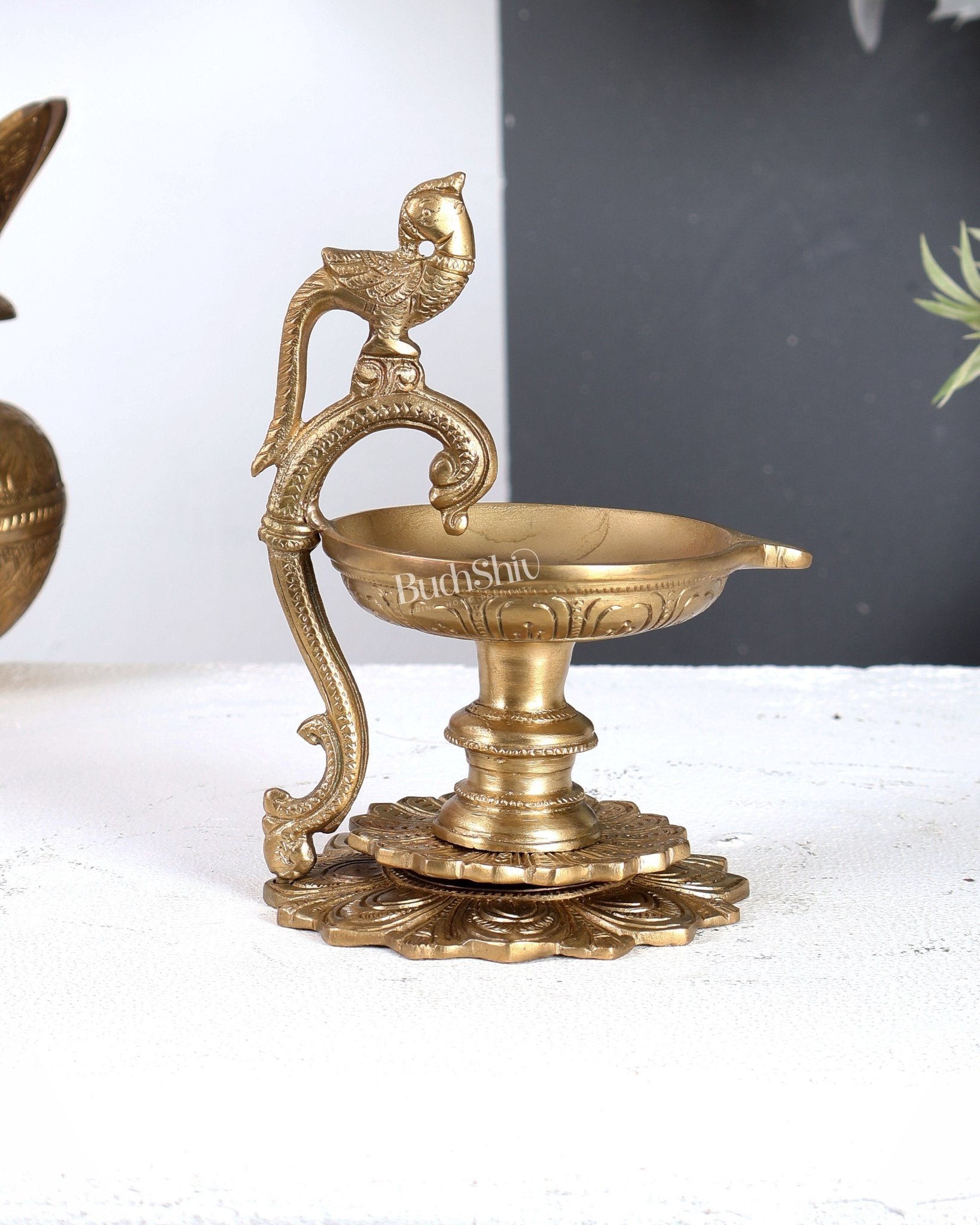 Premium Brass Parrot Design Diya with Handle – Traditional Handcrafted Oil Lamp 6.5 inch - Budhshiv.com