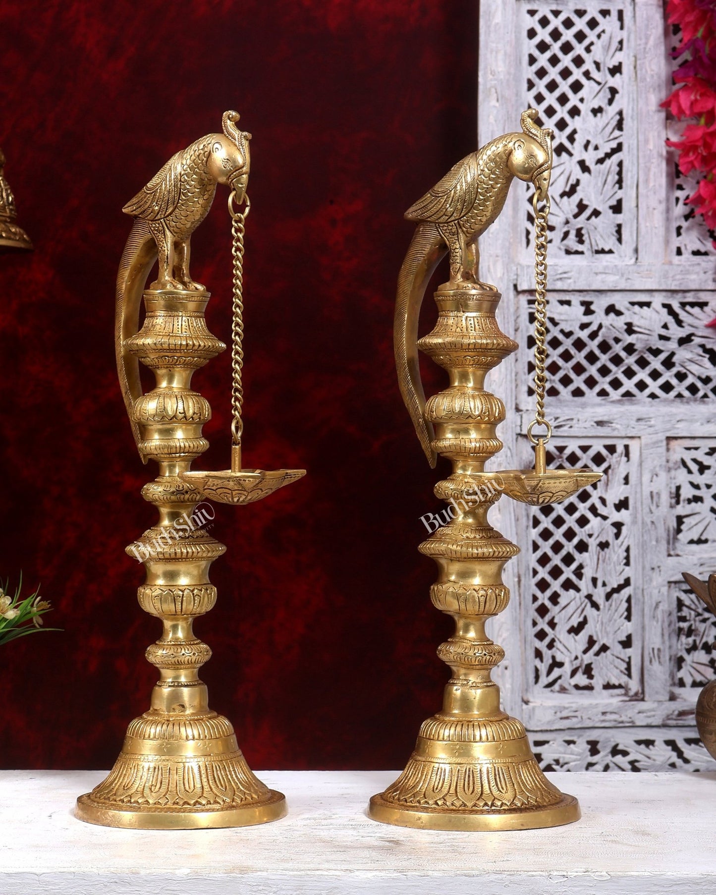 Premium Brass Parrot Lamp 18 inch Pair - Budhshiv.com