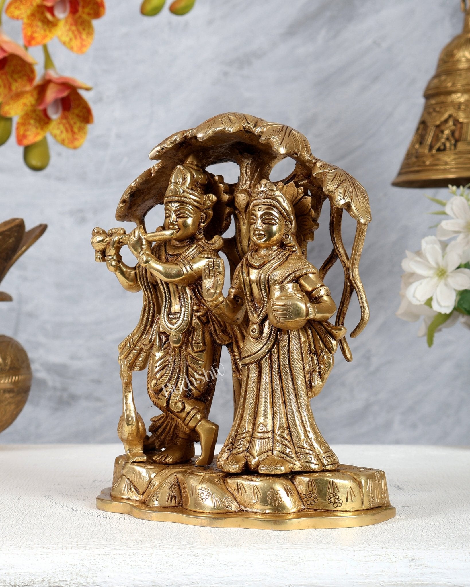 Premium Brass Radha Krishna Idol - Under Kalpavriksha tree 8 inch - Budhshiv.com