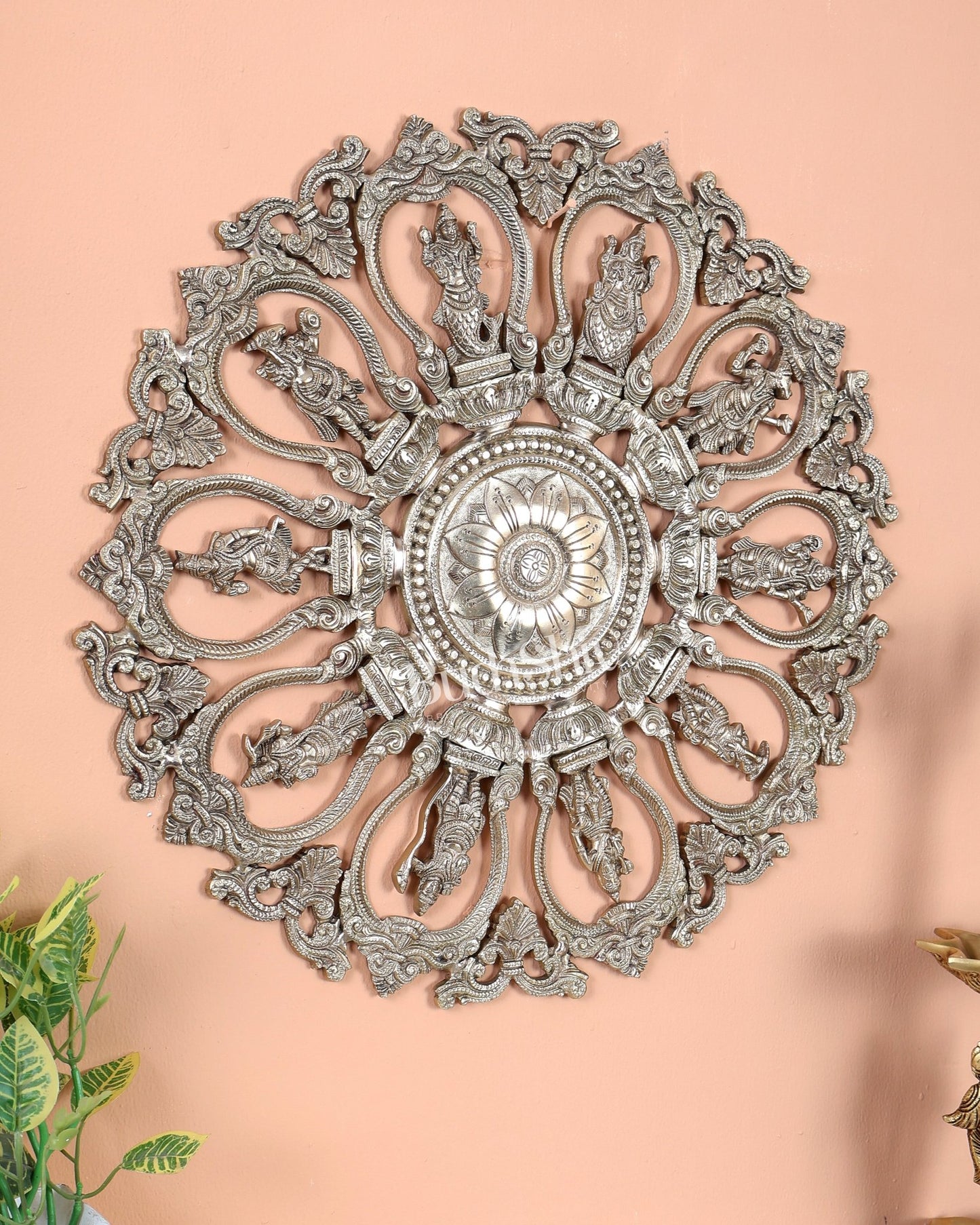 Premium Brass Round Dashavatar Wall Hanging – Handcrafted Lord Vishnu Wall Décor 20 inch - Budhshiv.com