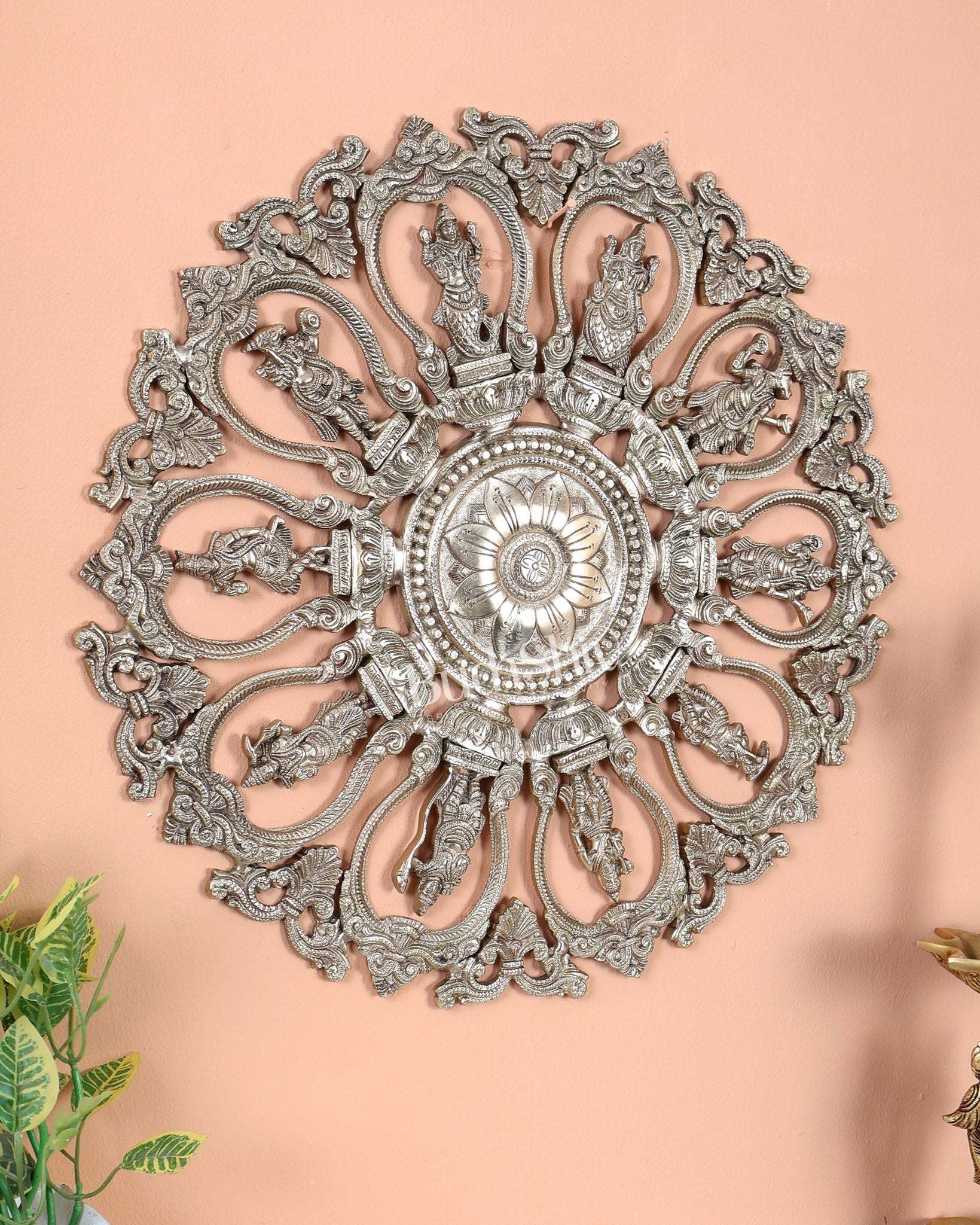 Premium Brass Round Dashavatar Wall Hanging – Handcrafted Lord Vishnu Wall Décor 20 inch - Budhshiv.com