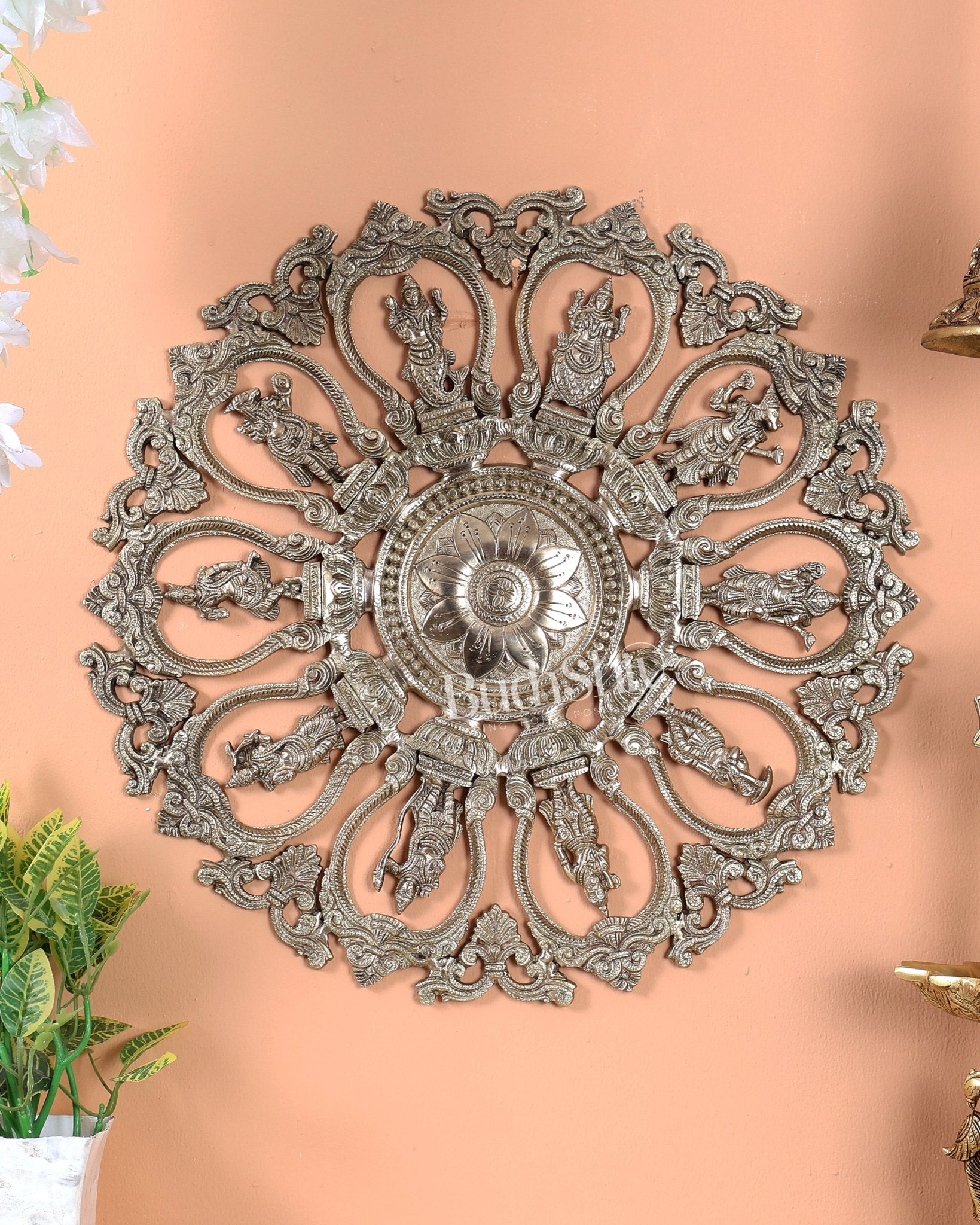 Premium Brass Round Dashavatar Wall Hanging – Handcrafted Lord Vishnu Wall Décor 20 inch - Budhshiv.com