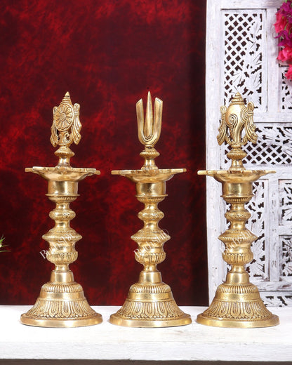 Premium Brass Shankh Chakra Namah Diya Vilakku 16.5 inch - Budhshiv.com