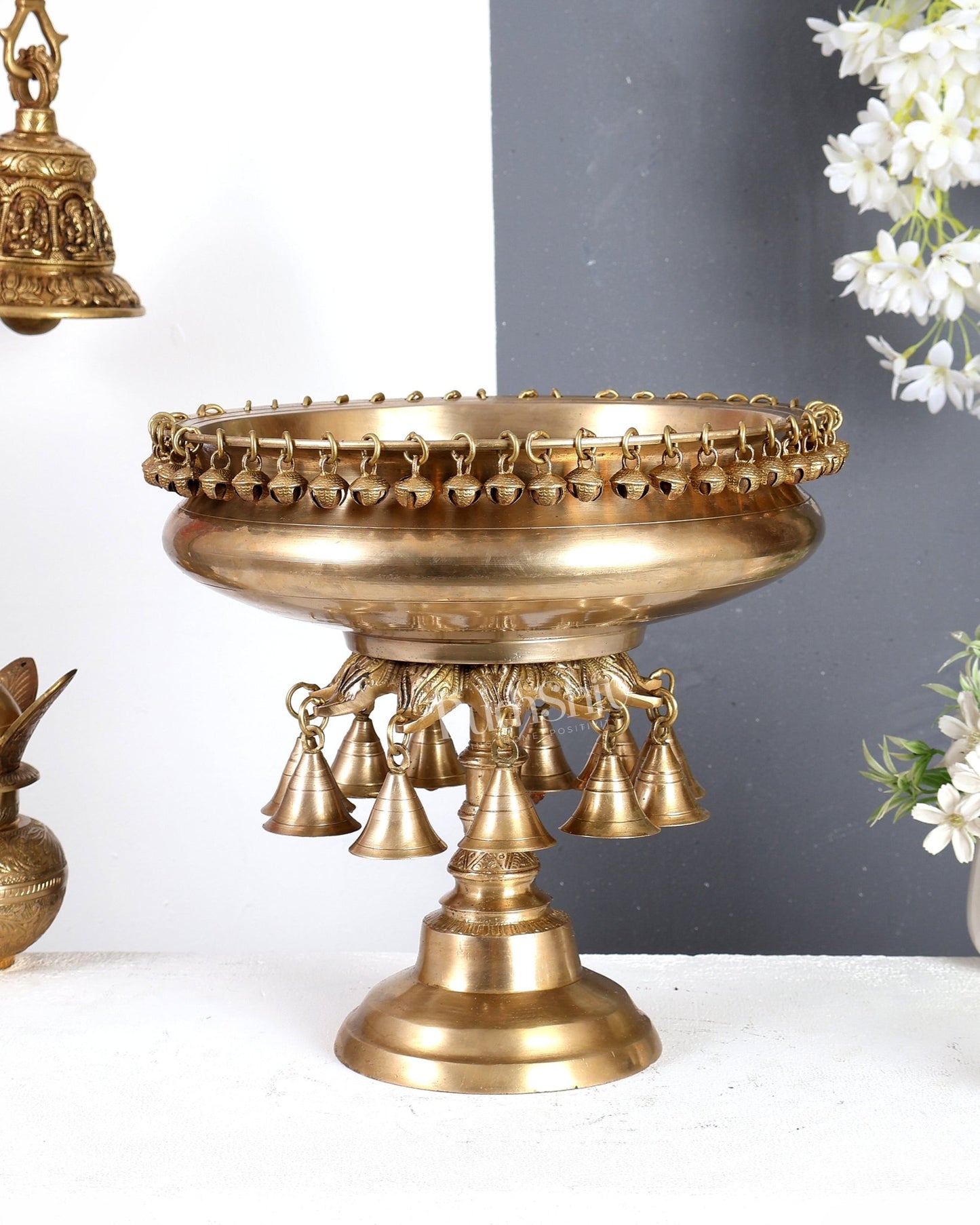 Premium Brass Urli with Stand & Hanging Bells – Traditional Indian Handcrafted Home Décor 12.5 inch - Budhshiv.com