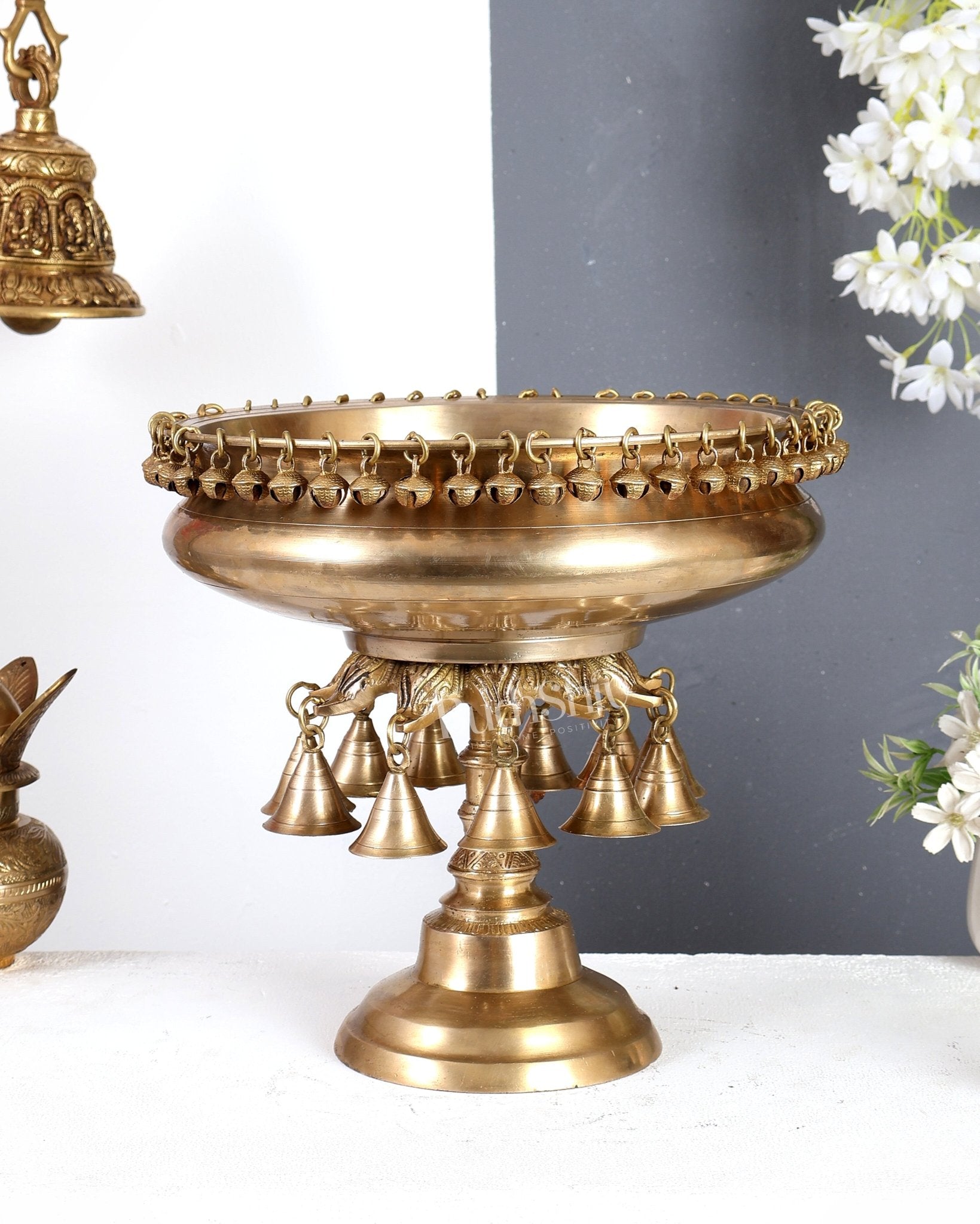 Premium Brass Urli with Stand & Hanging Bells – Traditional Indian Handcrafted Home Décor 12.5 inch - Budhshiv.com