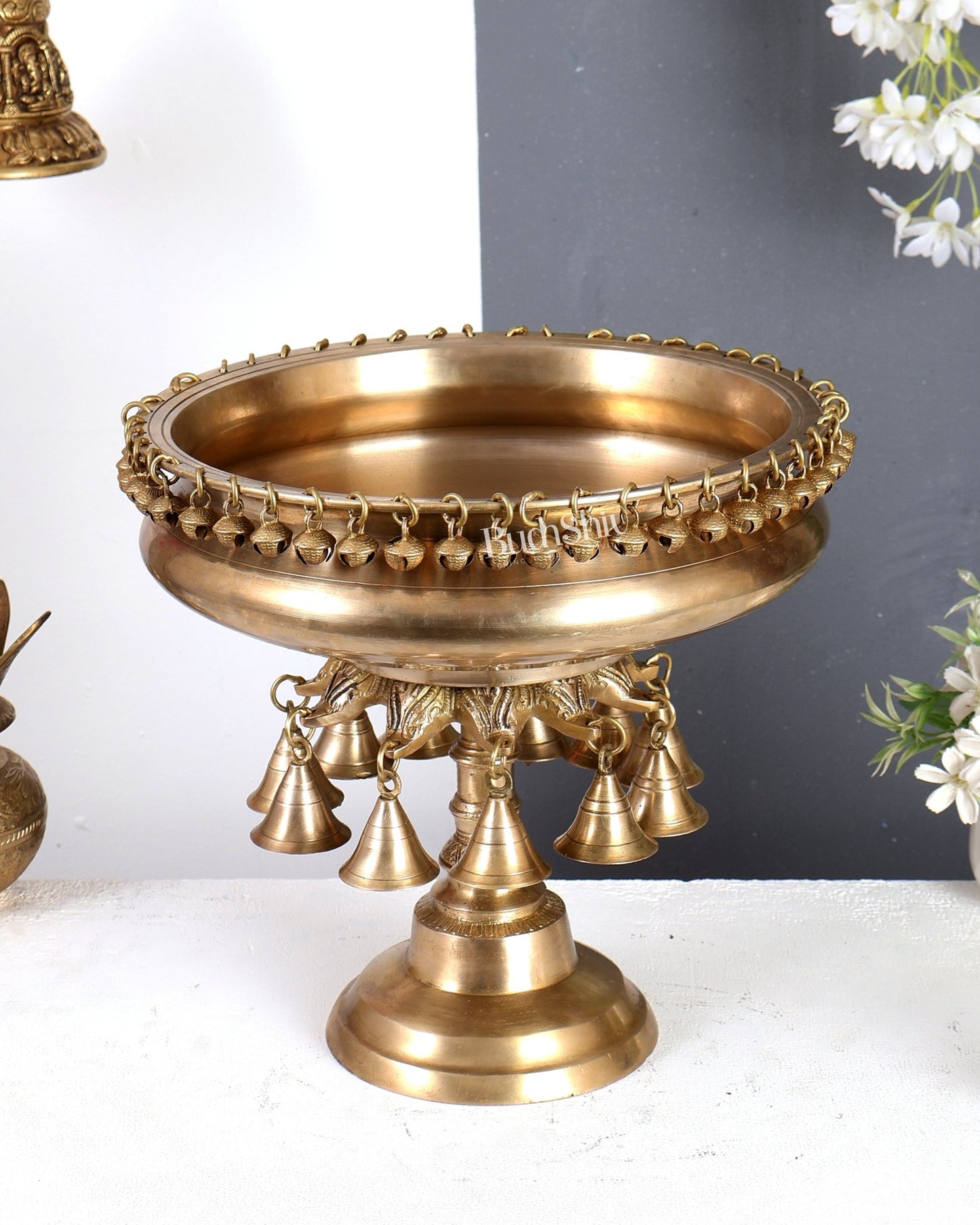 Premium Brass Urli with Stand & Hanging Bells – Traditional Indian Handcrafted Home Décor 12.5 inch - Budhshiv.com