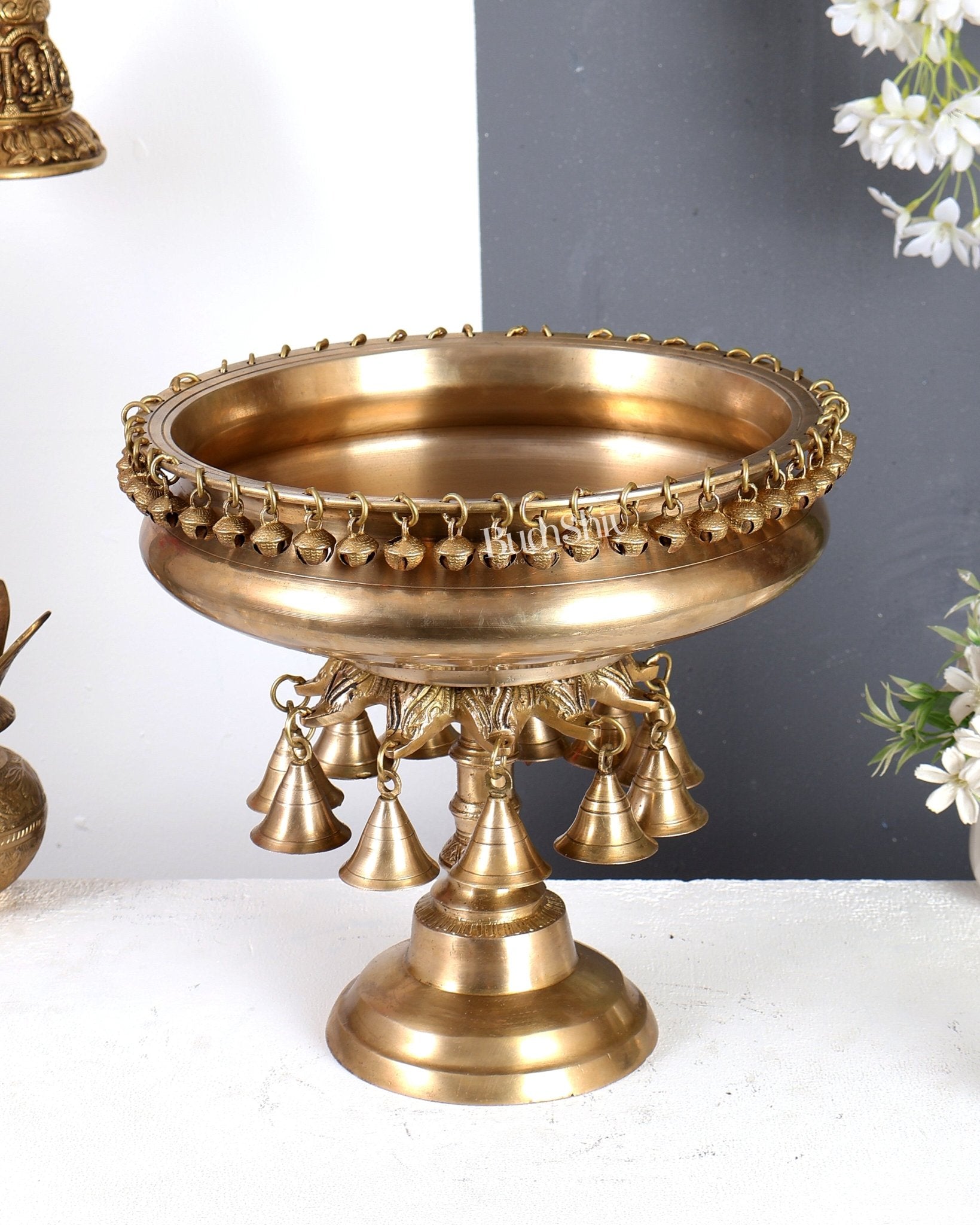 Premium Brass Urli with Stand & Hanging Bells – Traditional Indian Handcrafted Home Décor 12.5 inch - Budhshiv.com