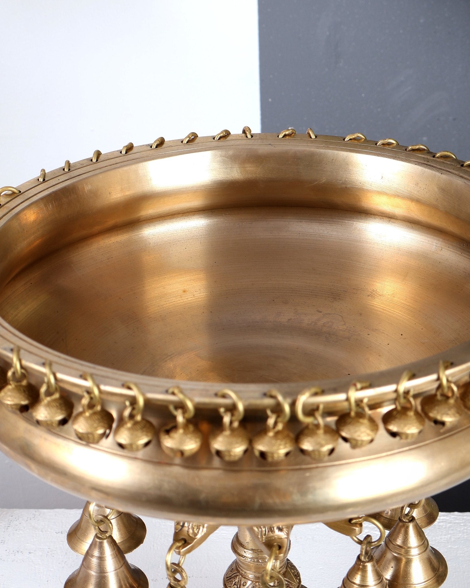 Premium Brass Urli with Stand & Hanging Bells – Traditional Indian Handcrafted Home Décor 12.5 inch - Budhshiv.com