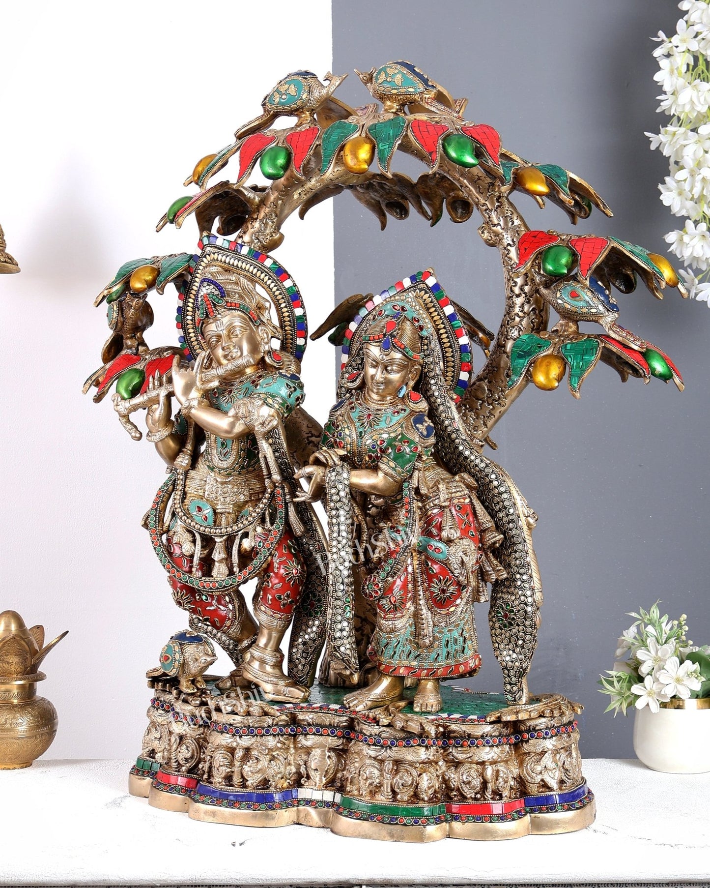 Premium Pure Brass Radha Krishna under Vrindavan Tree with Meenakari Stonework – Grand Handcrafted Temple Sculpture 30 inch tall - Budhshiv.com