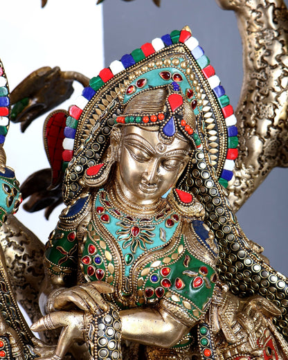 Premium Pure Brass Radha Krishna under Vrindavan Tree with Meenakari Stonework – Grand Handcrafted Temple Sculpture 30 inch tall - Budhshiv.com