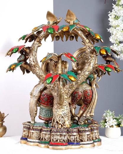 Premium Pure Brass Radha Krishna under Vrindavan Tree with Meenakari Stonework – Grand Handcrafted Temple Sculpture 30 inch tall - Budhshiv.com