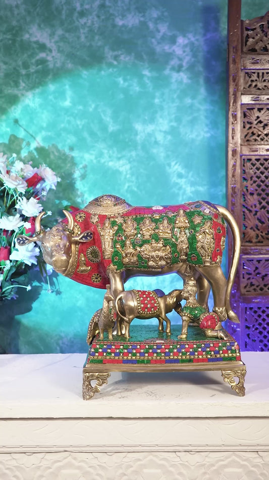 Brass Handcrafted Large-Sized Cow with Calf Engraved with Hindu Deities 20 inch