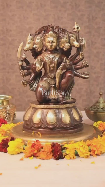 Handcrafted Brass Panchmukhi Hanuman Idol – Dual Tone Chola Finish, 13.5"