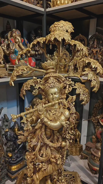 Brass Superfine Krishna under tree statue 35"
