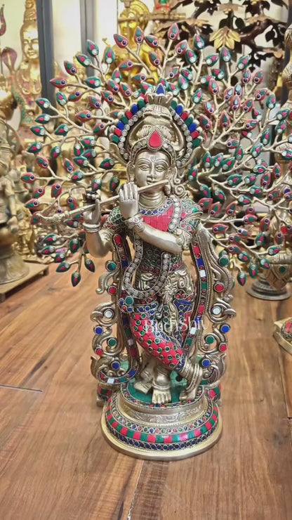 Pure Brass Lord Krishna with Kalpavriksha tree Statue 23"