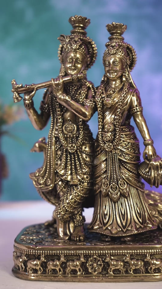 Brass Superfine Radha Krishna with Peacock Idol 8 inch