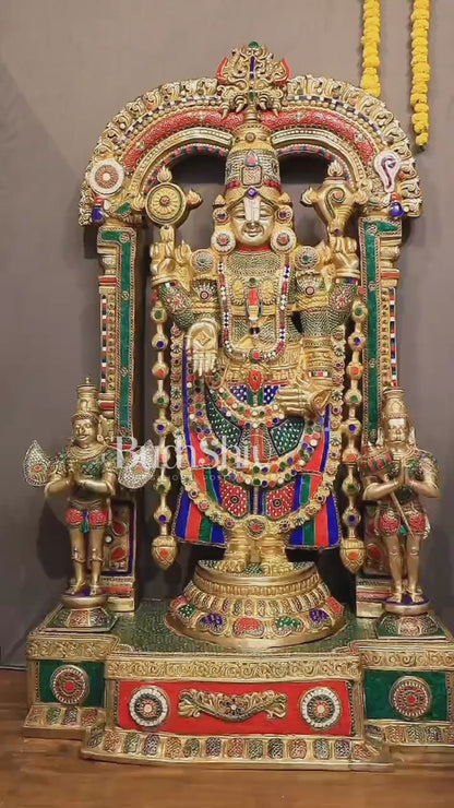 Brass Tirupati Balaji Sculpture with Hanuman and Garuda on Base and Prabhavali  60"