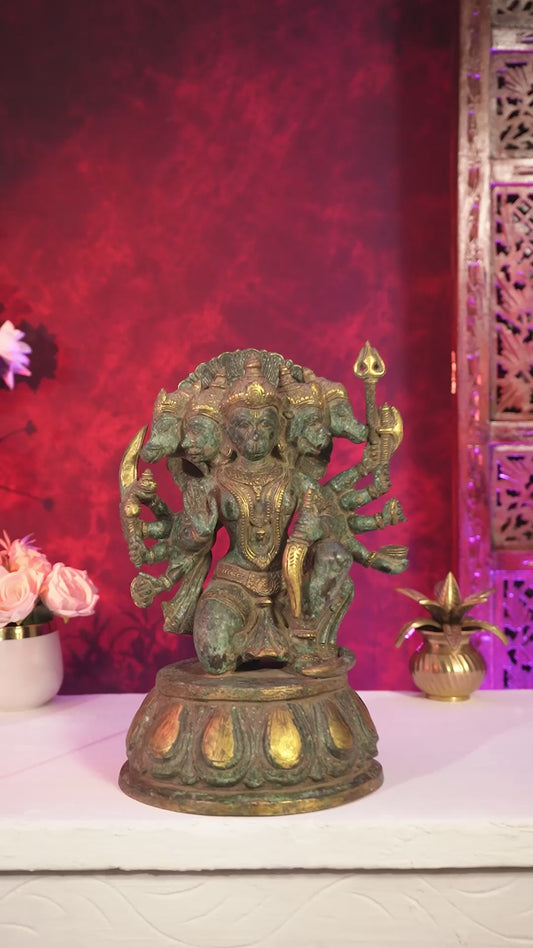 Vintage Brass Panchmukhi Hanuman Statue — Rustic Patina Tone 13 inch