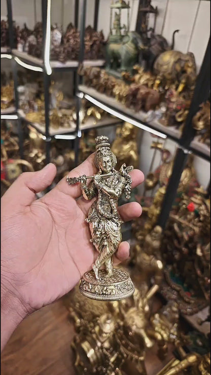 Intricate Pure Brass Lord Krishna Statue - 6.5"