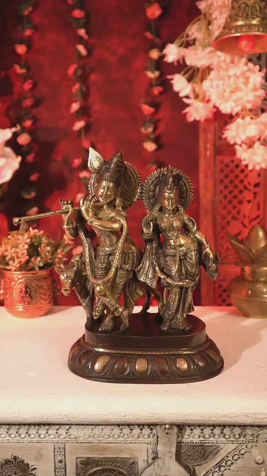 Brass Radha Krishna with Cow Idol – Dual Tone Finish 12.5 inch