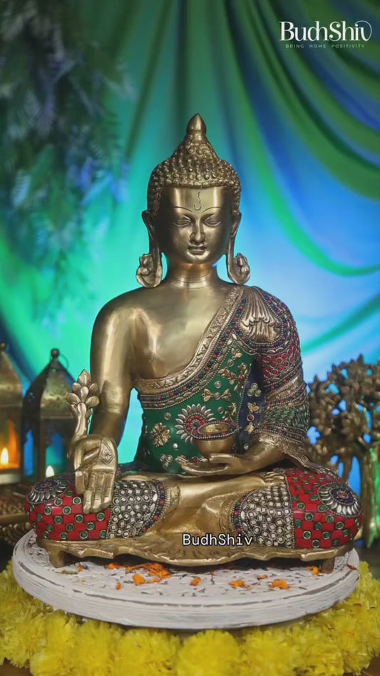 Pure Brass Buddha Statue with Meenakari Work 16 inch