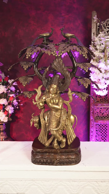 Brass Lord Krishna with Cow under Kalpavriksha – Large Statue 33" antique finish