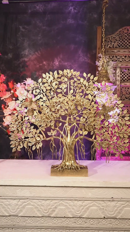 Brass Superfine Large Kalpavriksha Tree Tabletop Artefact | Birds & Hanging Roots 28 inch