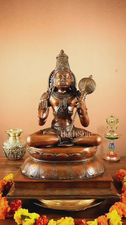 Handcrafted Brass Blessing Hanuman Sculpture - 18" Height, Antique Copper tone