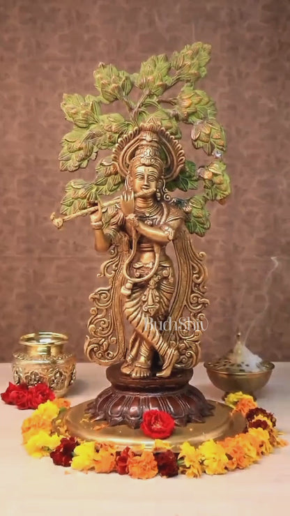 Unique Brass Lord Krishna with Kalpavriksha Tree Statue – 23" Tall, 12 kg