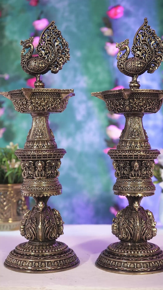 Brass Superfine Annam Pakshi Design Peacock Lamp with Ganesh Lakshmi Carvings 14 inch