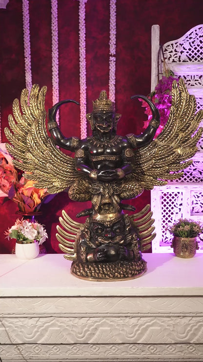 Brass Large Thai Garuda with Kirtimukha on Base | Black & Gold Auspicious Statue 31 inch