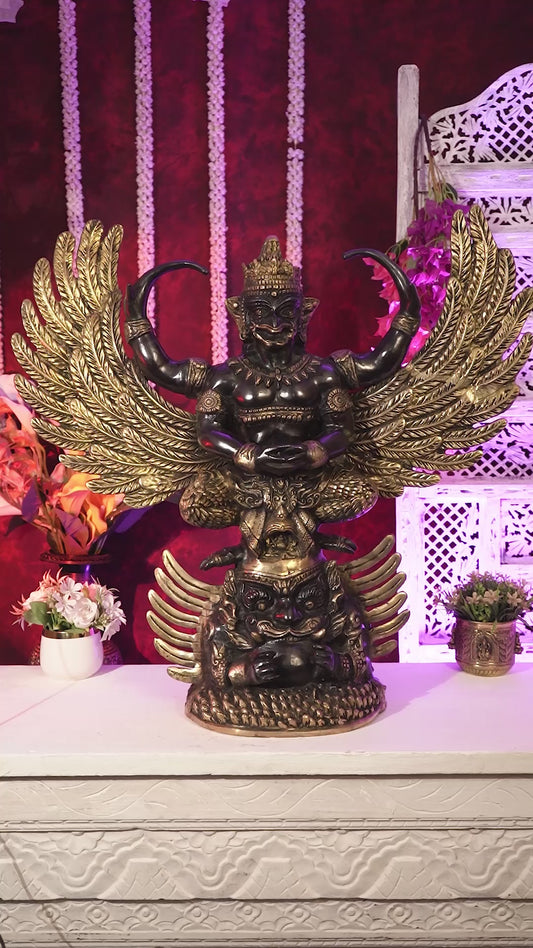 Brass Large Thai Garuda with Kirtimukha on Base | Black & Gold Auspicious Statue 31 inch