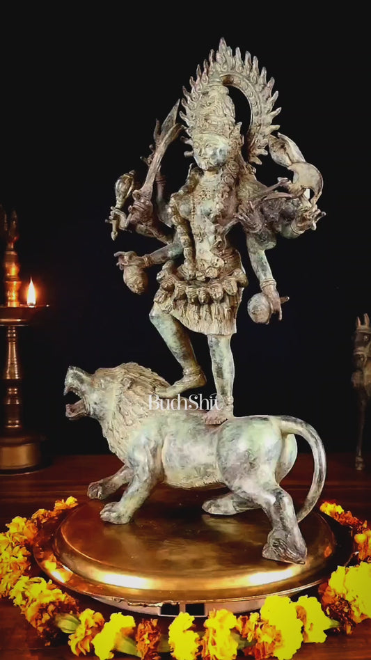 Vintage Balinese Bronze Durga Ma kali Standing on Lion Sculpture – 18.5" Height, Lost Wax Casting
