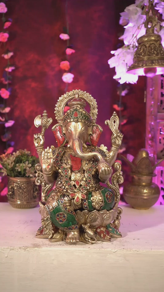 Kamalasana Ganesha Brass idol with stonework 12 inch Ganpati on lotus base