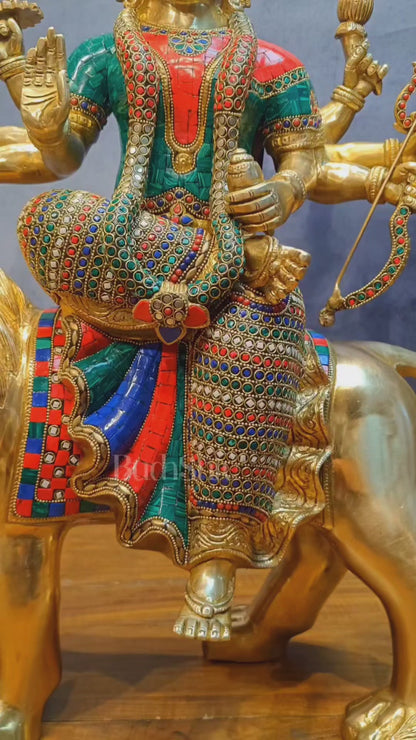 Brass Handcrafted Durga Ashtabhuja Statue – 24 Inches, Meenakari Stonework