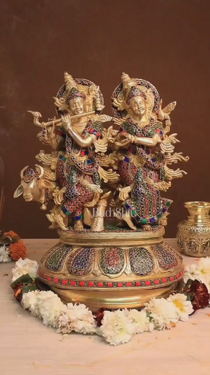 Brass Superfine Radha Krishna with Cow Idol - 16 Inch