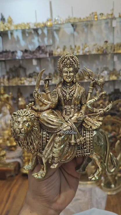 Brass Superfine Goddess Durga Ambe Mata Sitting on Lion - 8" Tall