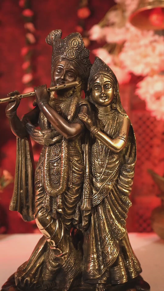 Brass Radha Krishna Together Idol – Dual Tone Brown Gold Finish (Saawle Krishna & Gori Radha Masterpiece)