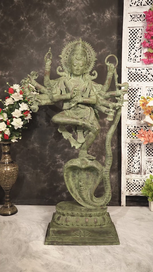 Large Balinese Bronze Krishna Dancing on Kaliya Naag Sculpture | 50 Inch Grand Statement Piece | Handcrafted Bronze