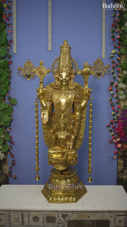 Brass Tirupati Balaji with Goddess Lakshmi Statue – Large Full Body Divine Sculpture (52 Inch)