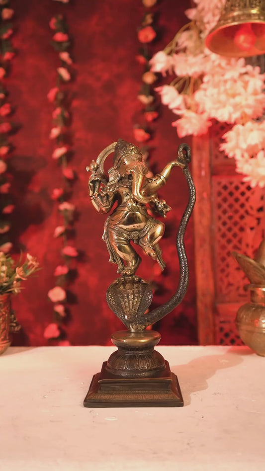 Lord Ganesha Dancing on Snake Brass Statue brown gold tone 11.5 inch